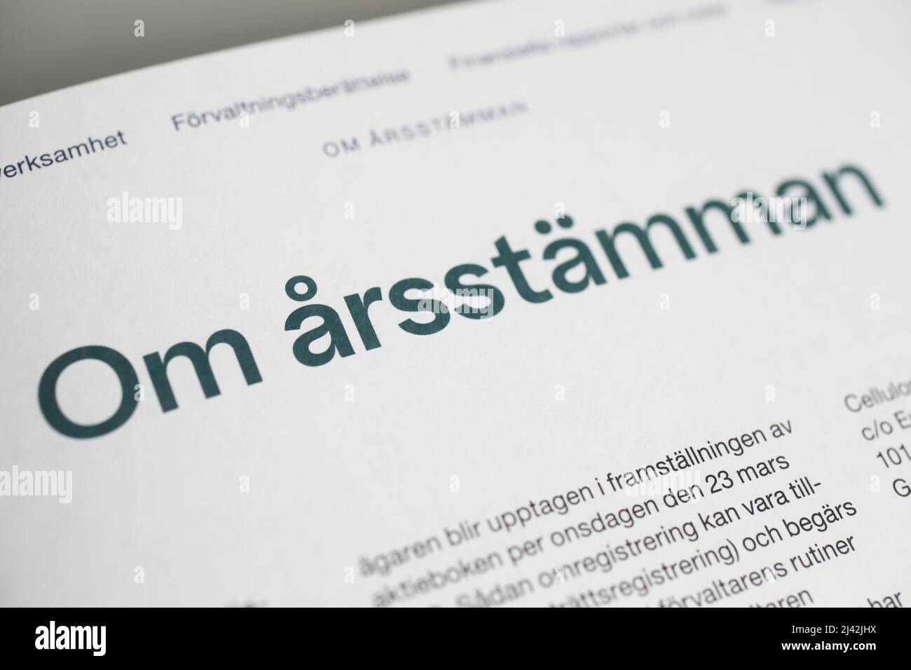 SCA, Svenska Cellulosa AB (English: Swedish Cellulose Company), annual report. The text 'About the Annual General Meeting' (In swedish: Om årsstämman). Stock Photo