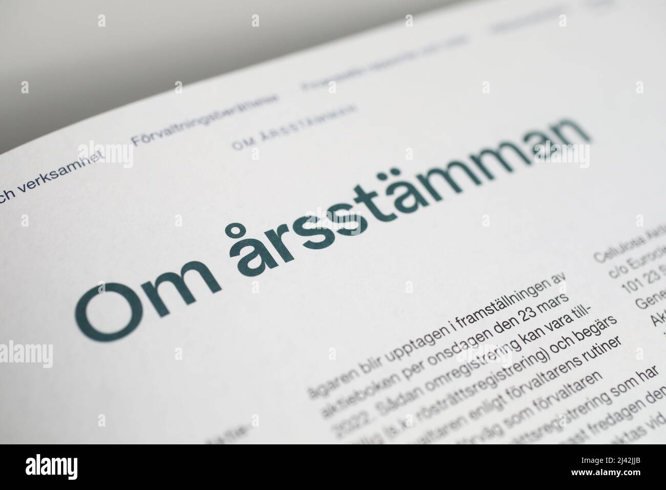 SCA, Svenska Cellulosa AB (English: Swedish Cellulose Company), annual report. The text 'About the Annual General Meeting' (In swedish: Om årsstämman). Stock Photo