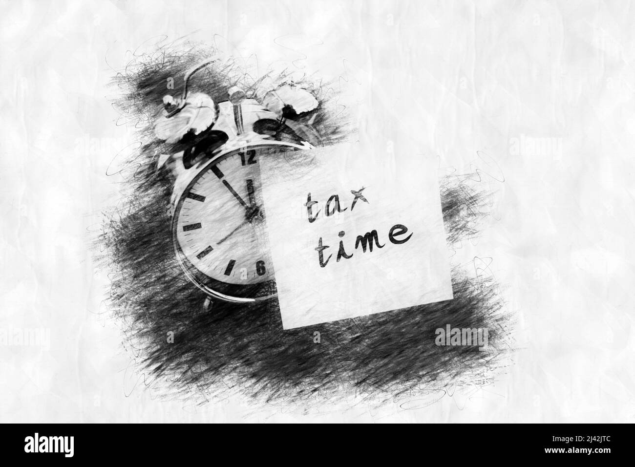 alarm clock with sticky note 'tax time' in pencil drawing style Stock Photo