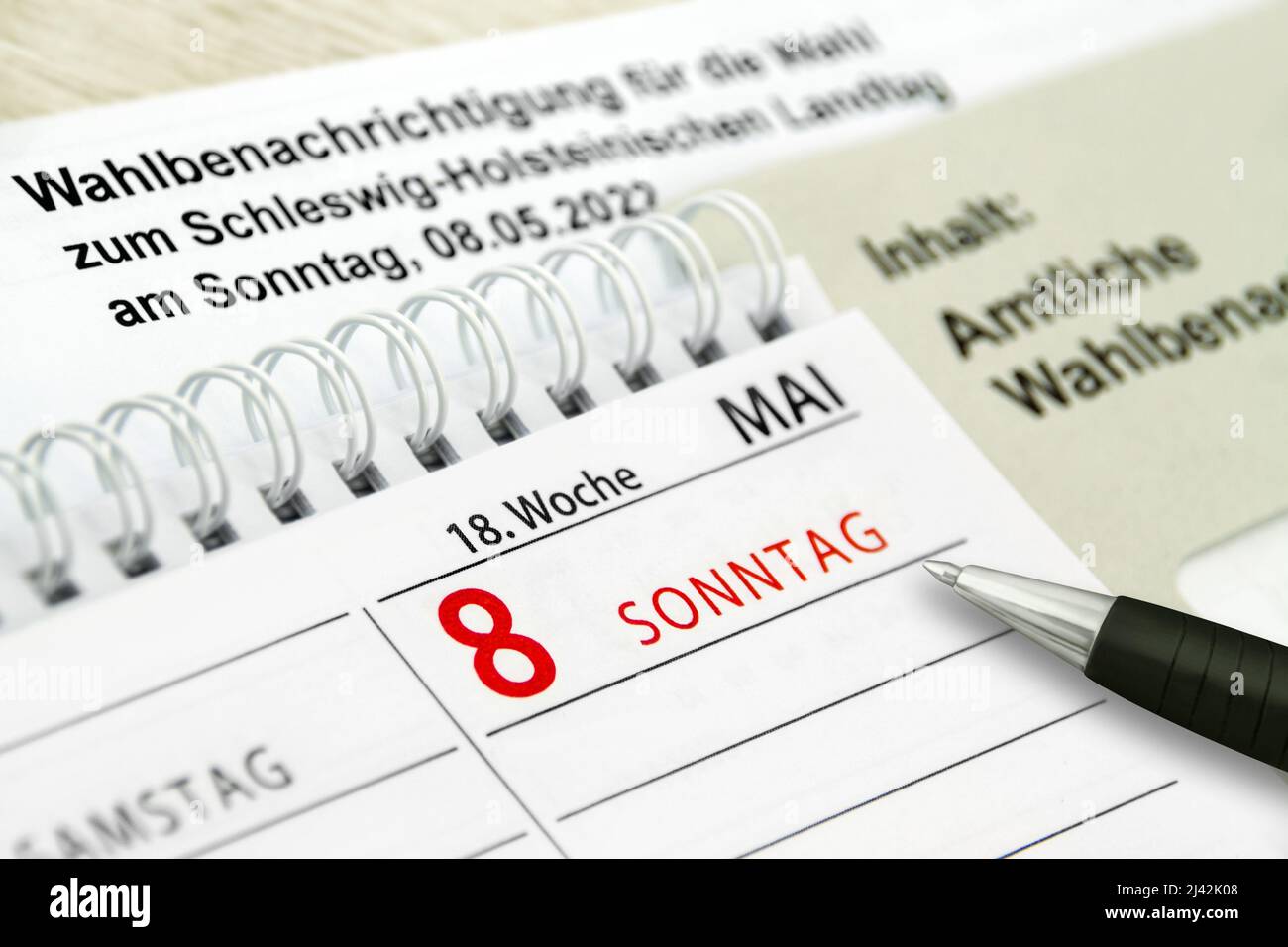 German Official Regional Elections Informations and Notification in Schleswig-Holstein Sunday May 8  2022 and calendar Stock Photo