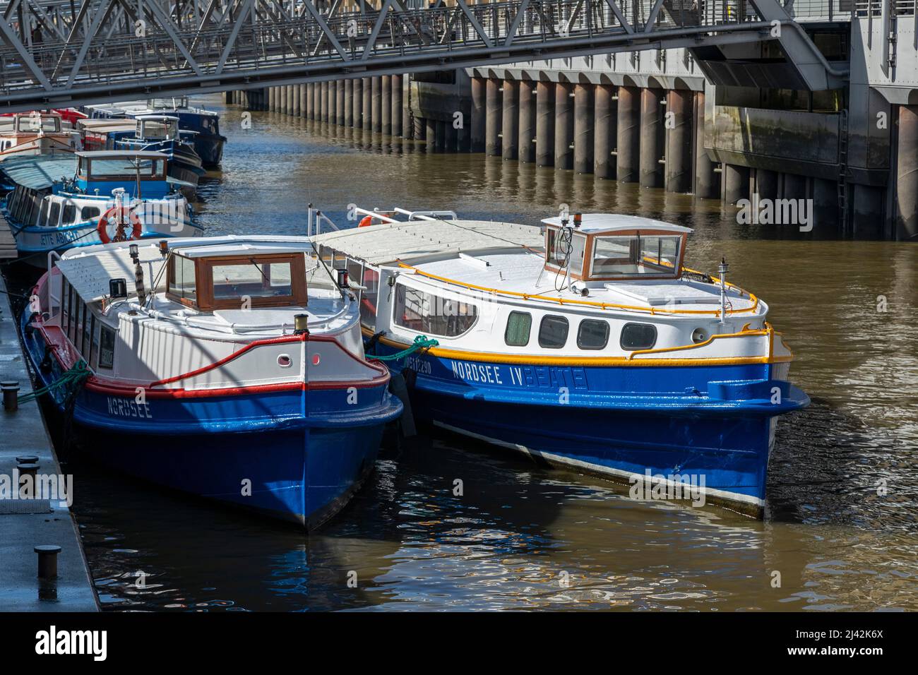 Typical excursion boats, barges, jetties, Harbour, Hamburg, Germany Stock Photo