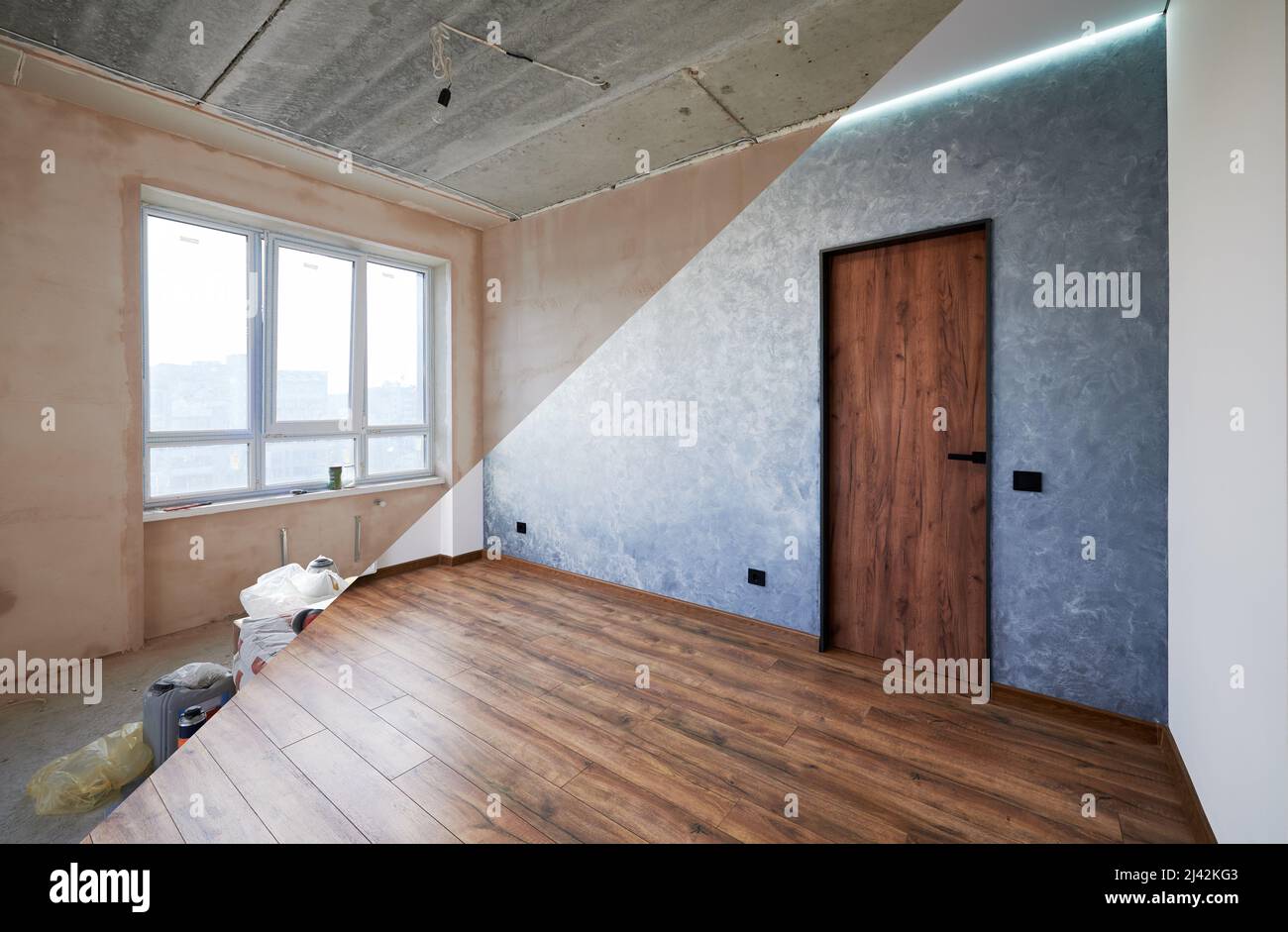 Interior room before and after renovation. Sad apartment has become modern and relevant room for comfortable stay. Two versions of room in one picture. Changes that lift the mood and add comfort. Stock Photo