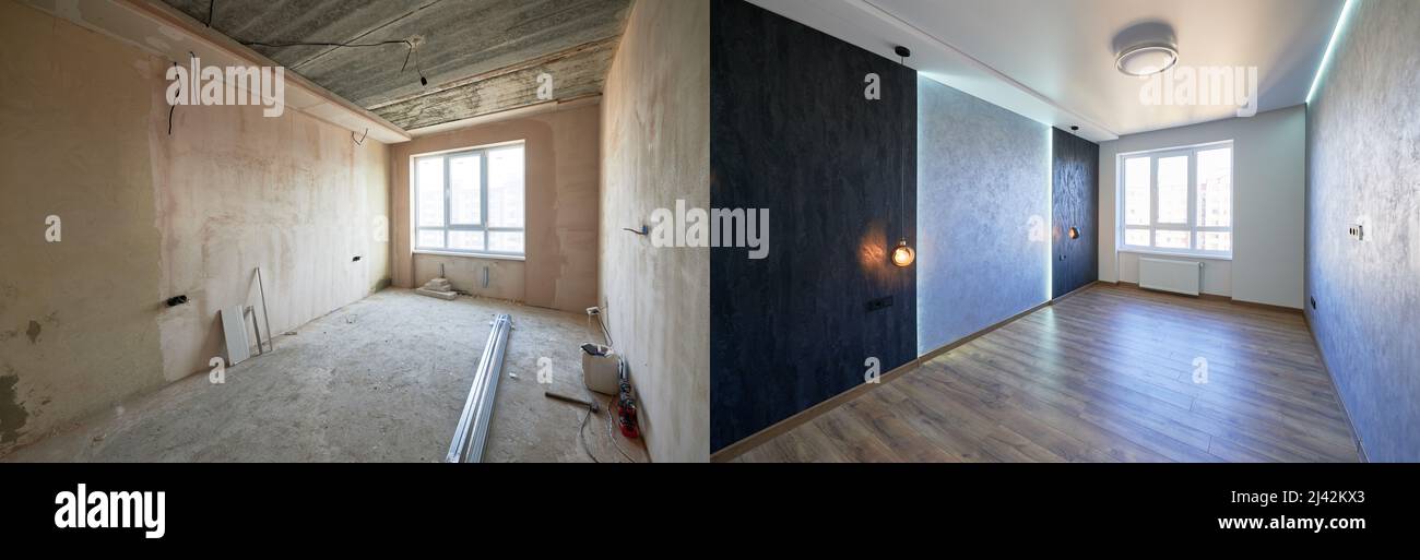 Comparison of old room with building tools and new renovated room with plastic window, parquet floor and gray walls. Photo collage of modern apartment before and after renovation. Stock Photo
