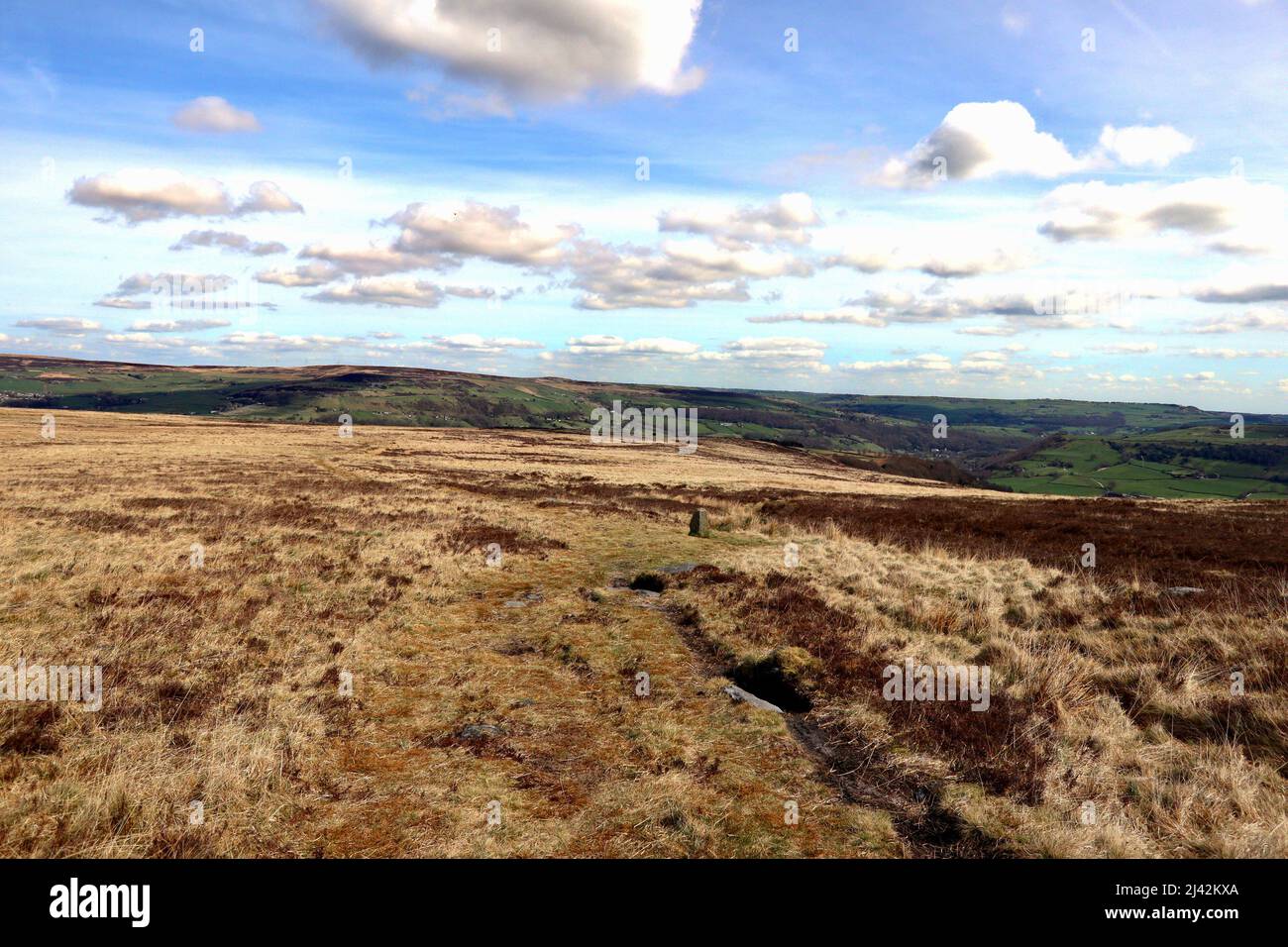 Ascending Stoodley Pike with views of the Upper Calder Valley. Stock Photo