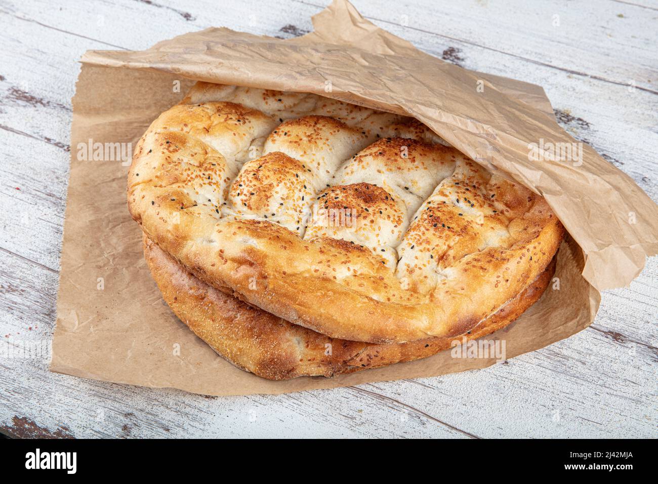Ramadan Pita ( Turkish; Ramazan Pidesi ) Traditional Turkish bread for Mubarak month of Ramadan. Stock Photo