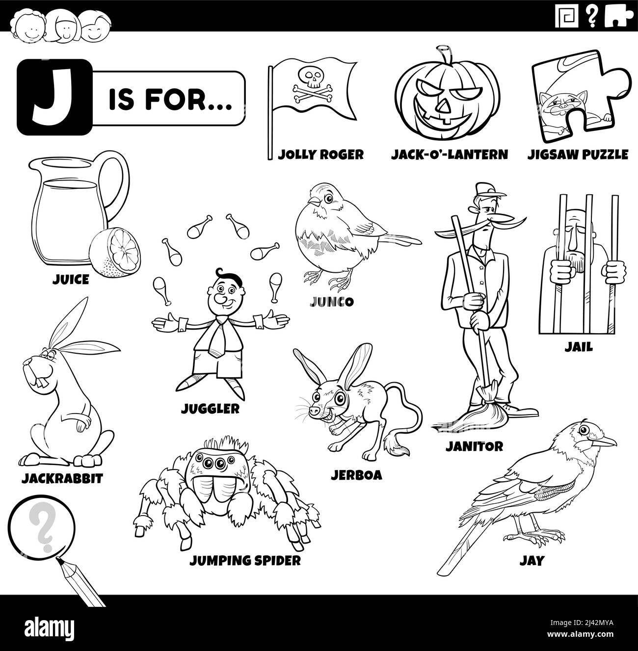 Black and white educational cartoon illustration for children with comic characters and objects set for letter J coloring book page Stock Vector