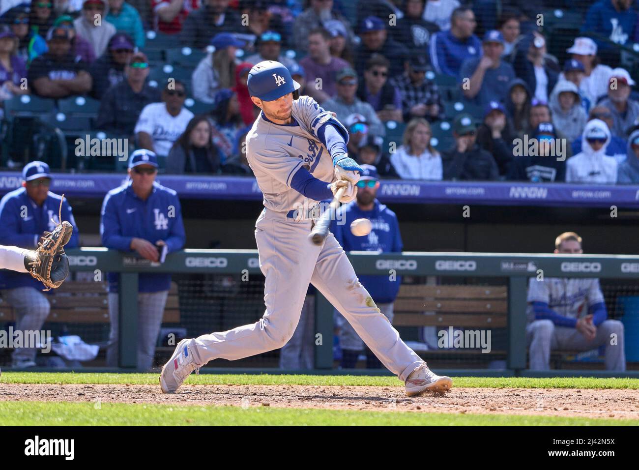 April 9 2022: Los Angeles shortstop Trea Turner (6) before the game with  Los Angels Dodgers and Colorado Rockies held at Coors Field in Denver Co.  David Seelig/Cal Sport Medi(Credit Image Stock