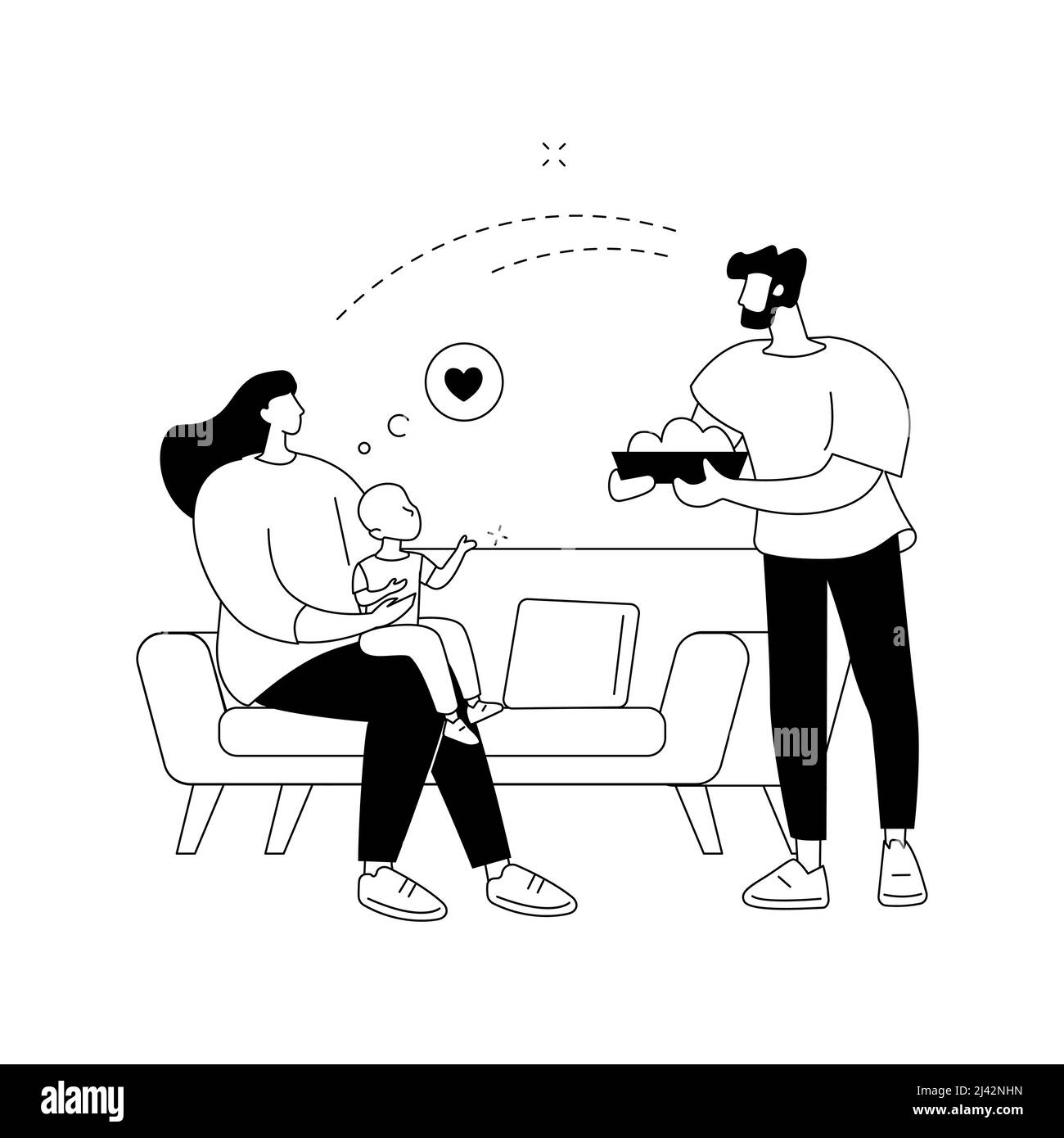 Father supports mother abstract concept vector illustration. Dad helping with housework, maternal support, breastfeeding, holding hands, fathers day, Stock Vector