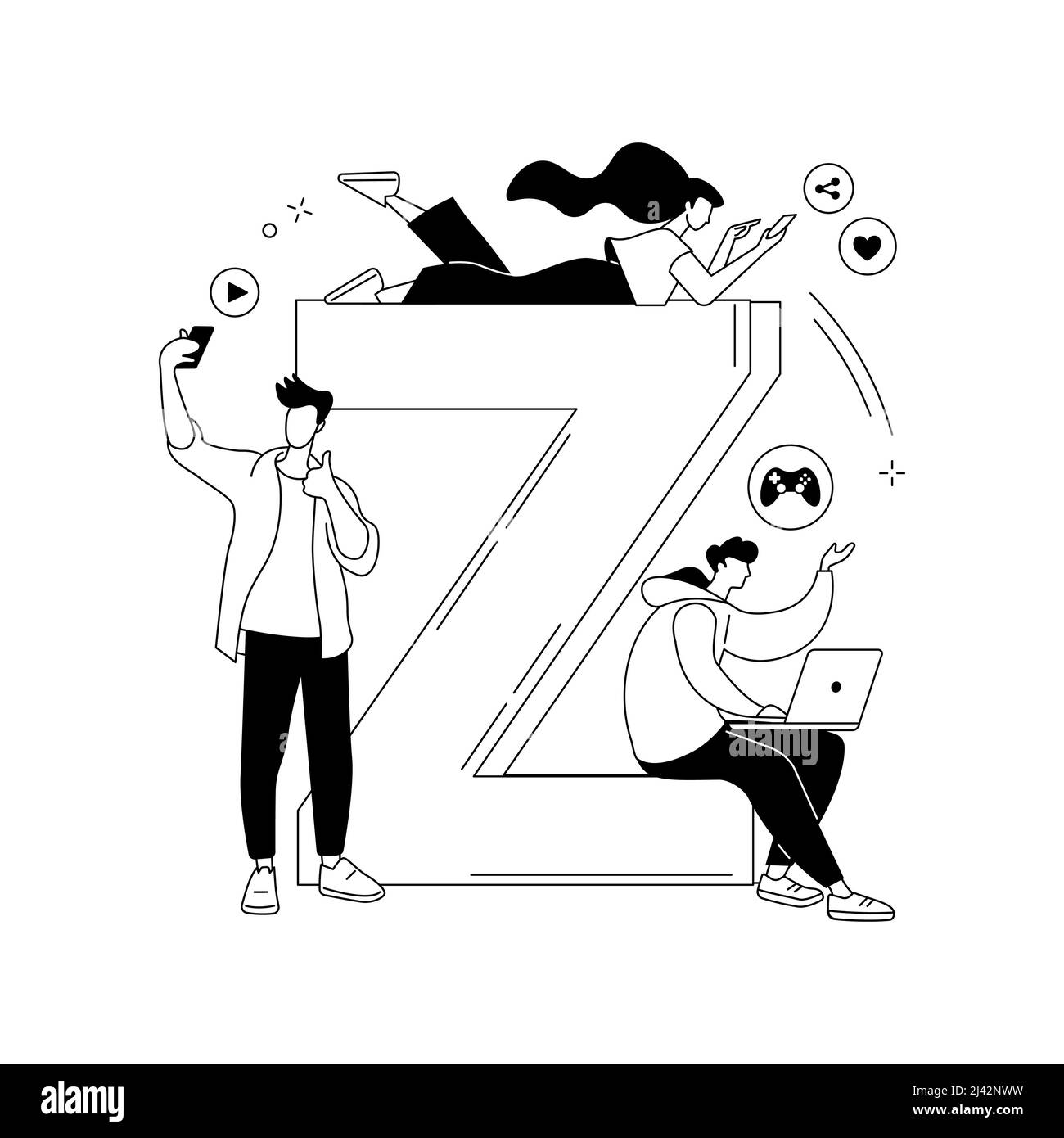 Generation Z abstract concept vector illustration. Hyper-connected world, childhood with tablet, mobile device, social media, mobile banking, personal Stock Vector
