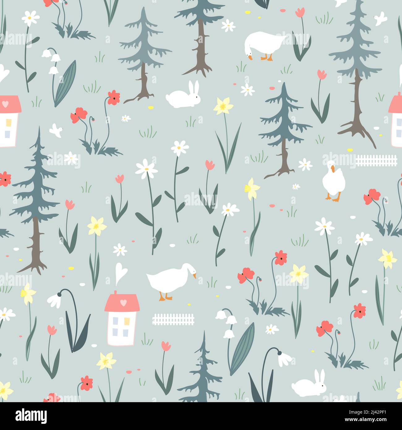 Cute seamless pattern with goose, house, and doodle flower. Fairy spring landscape. Vector illustration Stock Vector