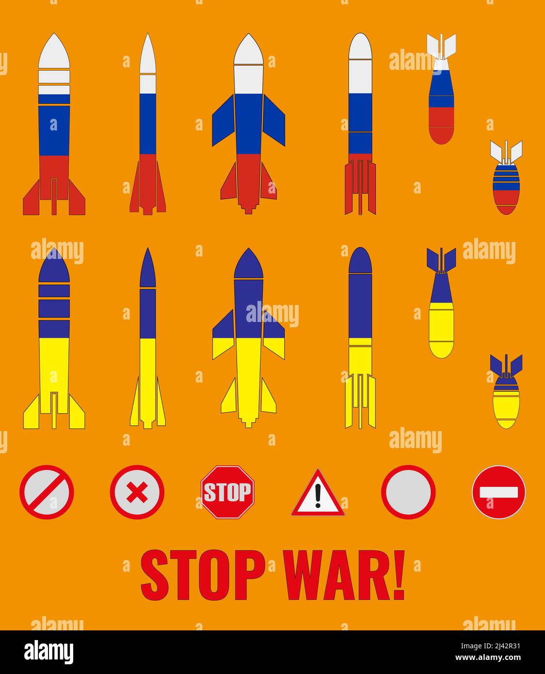 A set of icons of various bombs, rockets, painted in the colors of the flags of Ukraine and Russia and signs of anti-war symbols. Constructor. The ins Stock Vector