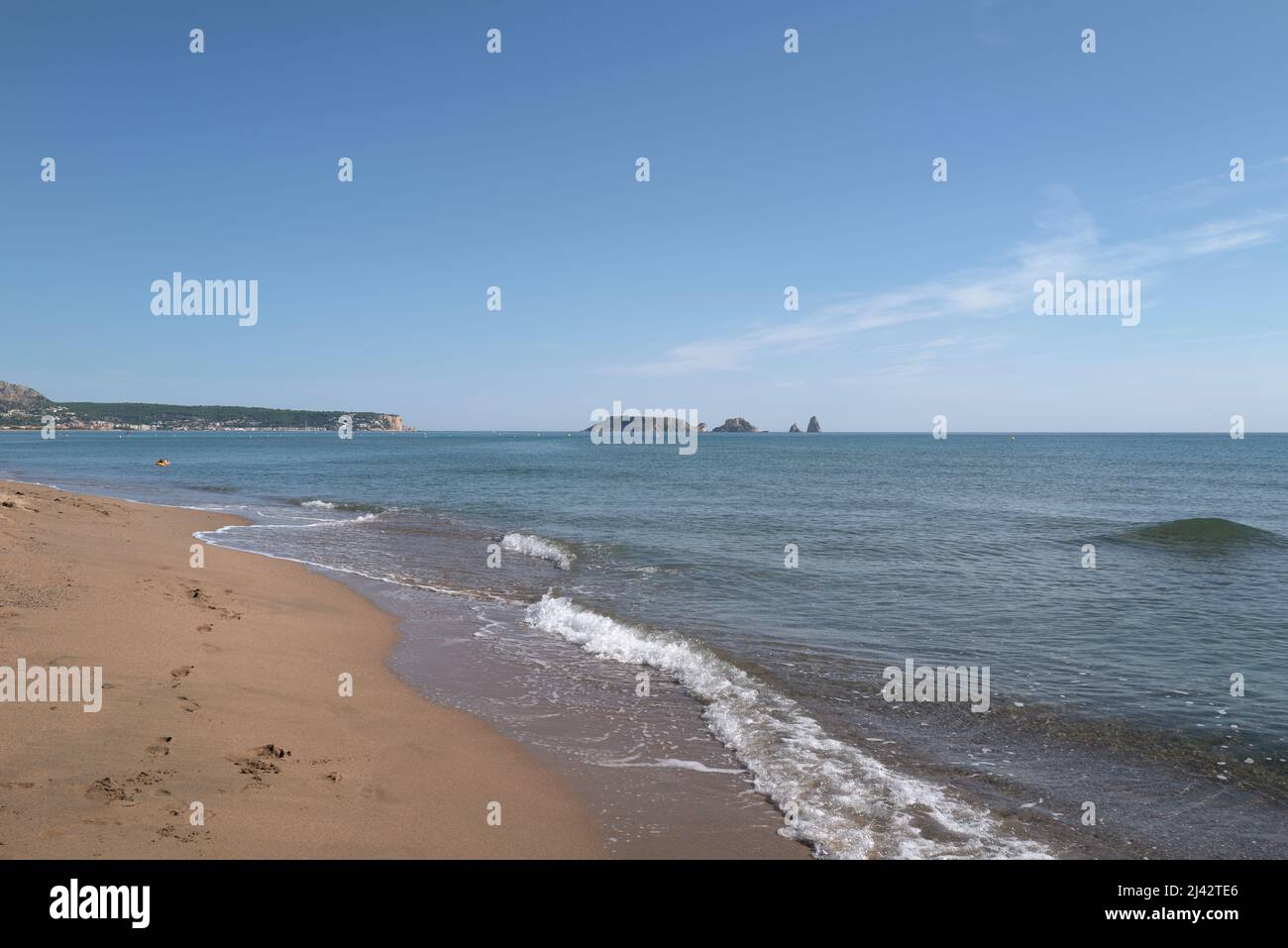 Europe, Spain, Girona, Beach Mas Pinell, with Medes island Stock Photo
