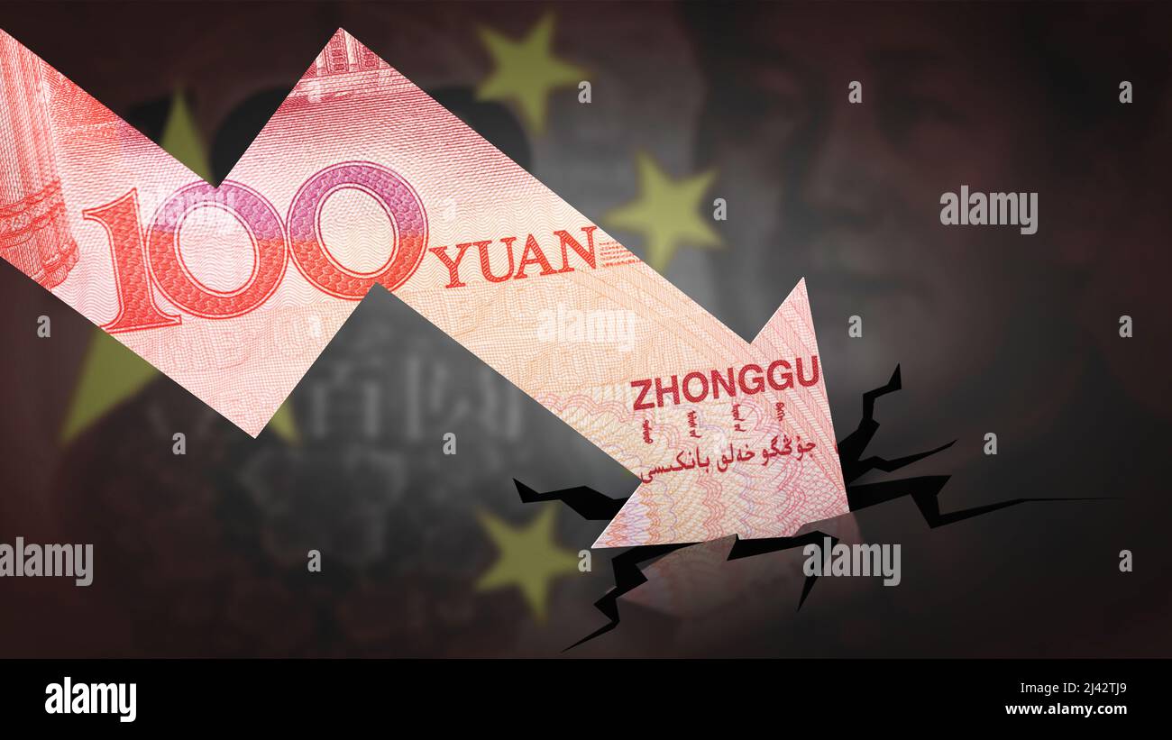 Crashing  Yuan graph with China flag in the background Stock Photo