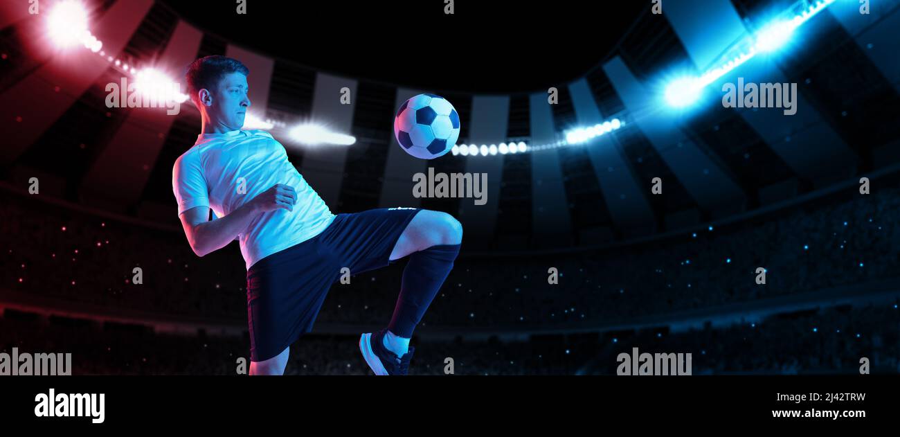 Mixed light. Bright dynamic collage with professional soccer, football