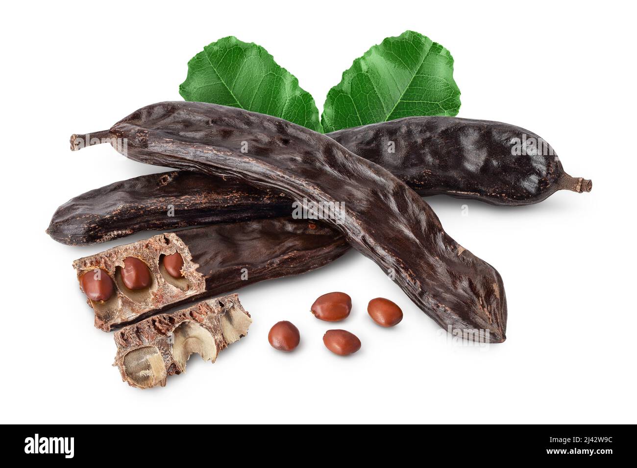 Ripe carob pods and bean isolated on white background with clipping