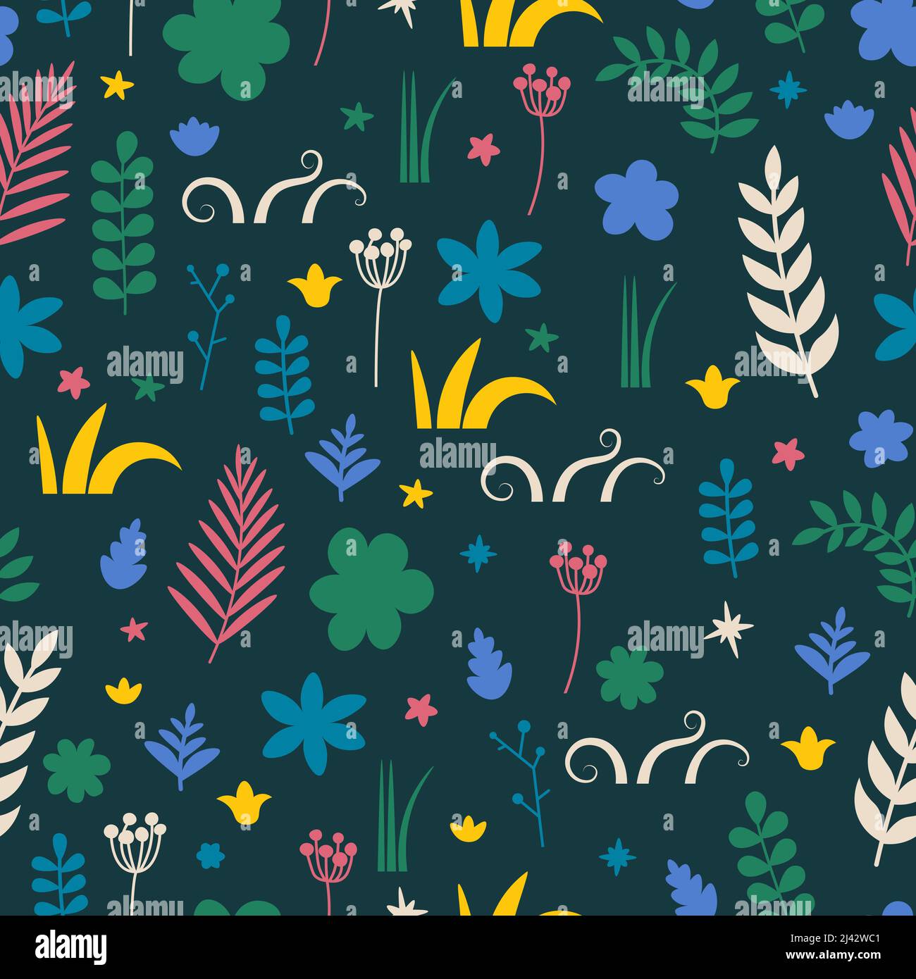 Vector seamless floral pattern. Repeating elements - branches, leaves, flowers and buds. Dark background. Stock Vector