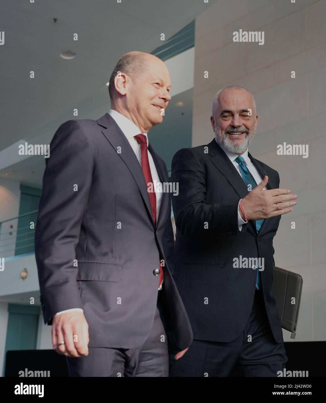 Berlin, Germany. 11th Apr, 2022. German Chancellor Olaf Scholz (l, SPD) and  Edi Rama, Prime Minister of Albania, arrive at a joint press conference  after their talks at the Federal Chancellery. Credit: