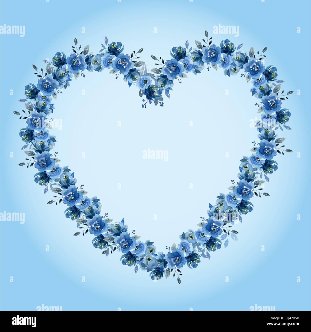 Blue Watercolor Hearts in shape of Heart isolated on gradient blue background Stock Photo
