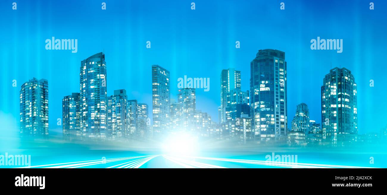Futuristic City Building Skyline. Light Rays towards the Cityscape ...