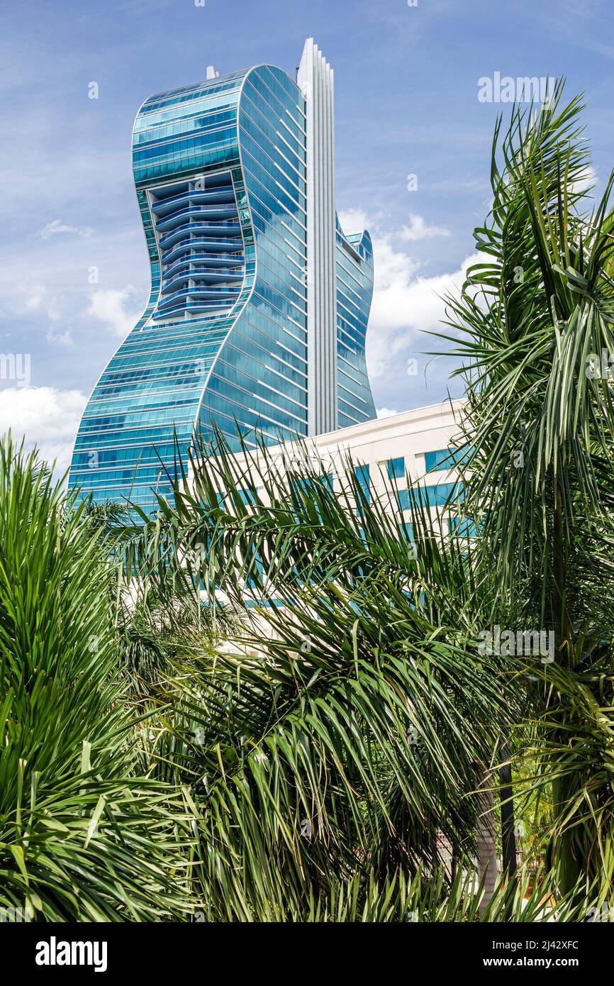 Hollywood Florida Seminole Hard Rock Hotel & Casino tribe tribal reservation giant guitar shaped tower building balconies exterior outside Stock Photo