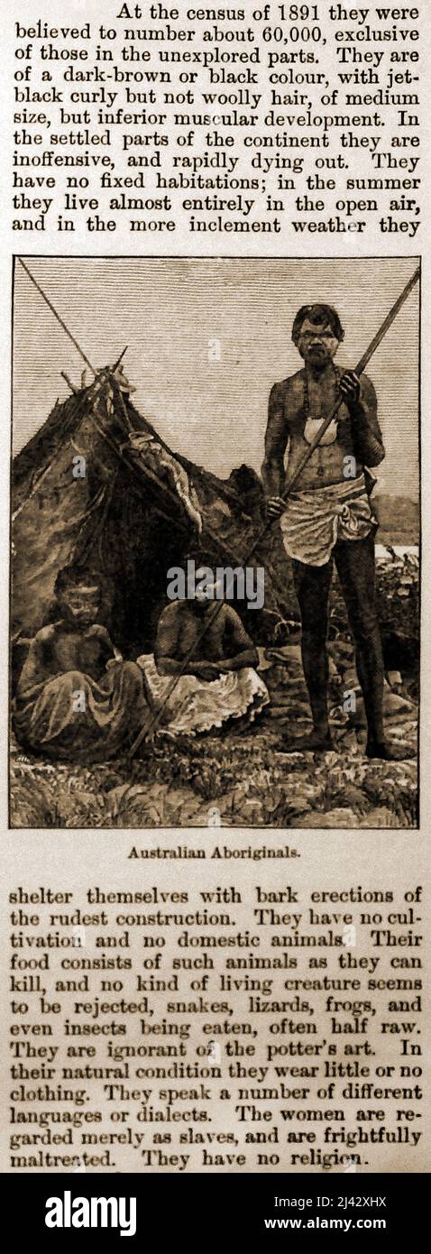 1891 CENSUS AUSTRALIA - A 19th century article about the Australian Aborigines, their population and lifestyle at that time. Stock Photo