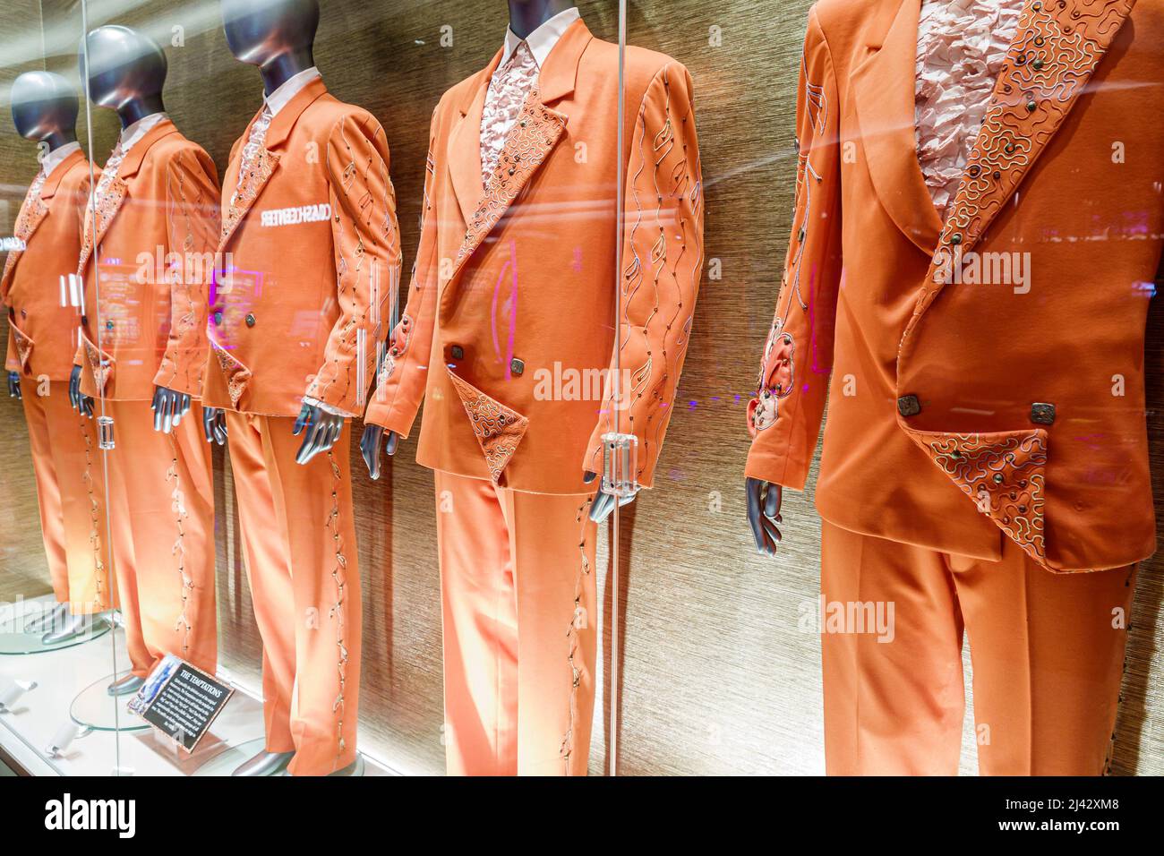 Hollywood Florida Seminole Hard Rock Hotel & Casino tribe tribal reservation inside interior memorabilia collection Temptations outfits orange suits t Stock Photo