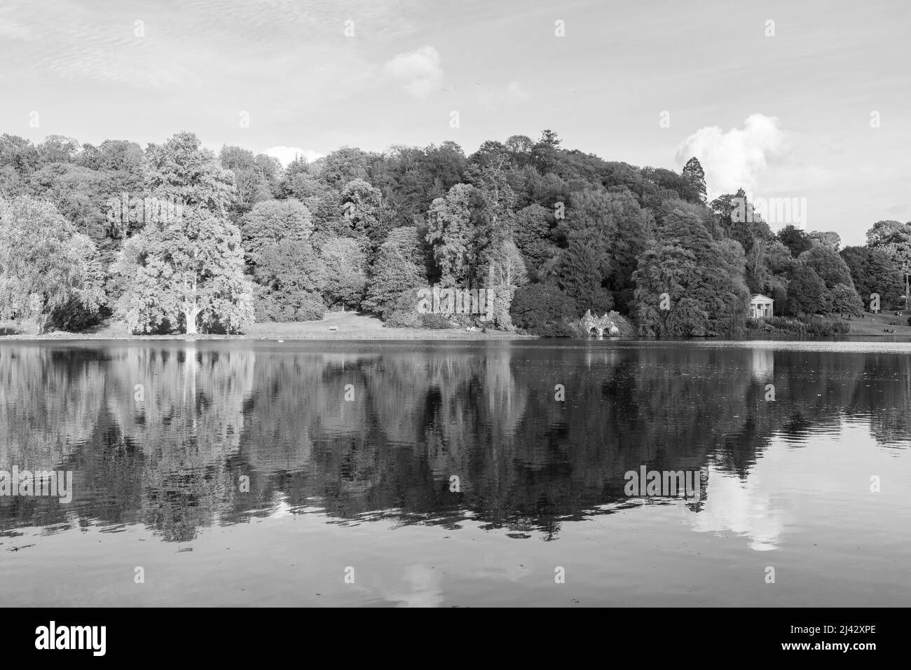 Black and white photo of the lake at Stourhead house and gardens in Wiltshire Stock Photo
