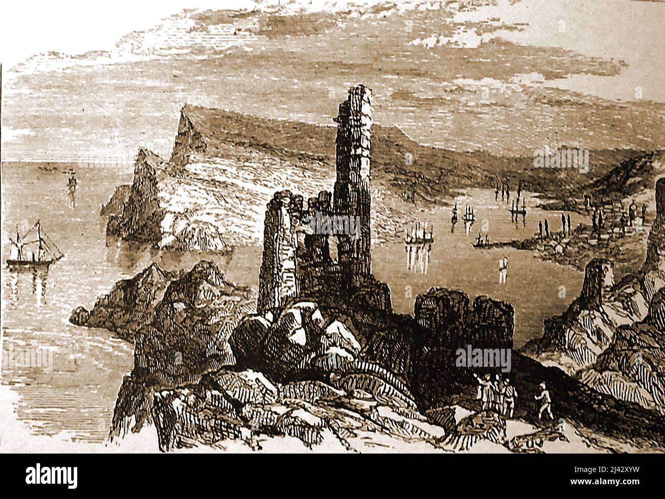 A 19th century engraving showing the entrance to Balaklava (Balaclava) harbour , Crimea,  Mauritius, and the old   ruins. Stock Photo