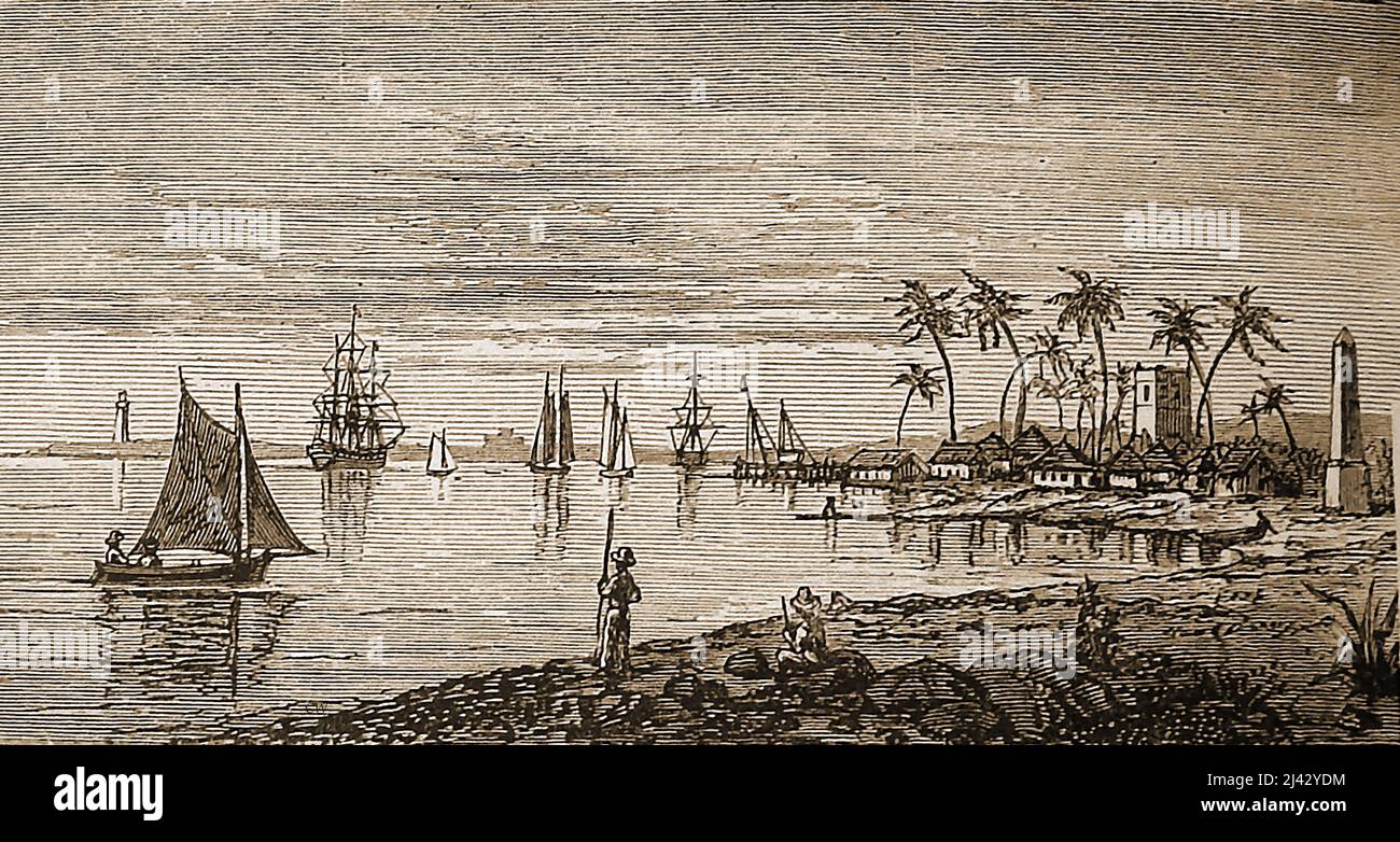 A 1892 engraving showing the entrance to Port Nassau, Bahamas showing the church and the obelisk (memorial stone) which formerly had the caption 'In Memory of Thomas Edden, Felix Ruby, Joshua Edwards Isaac Knowles & Henry Strachan who perished on the bar of Nassau Harbour February 26th, 1861 whilst gallantly volunteering their services in an effort to save two men belonging to the pilot boat which had been upset by a heavy sea. This monument is erected by the Legislature of The Bahamas to commemorate their gallant conduct and self sacrificial heroism' Stock Photo