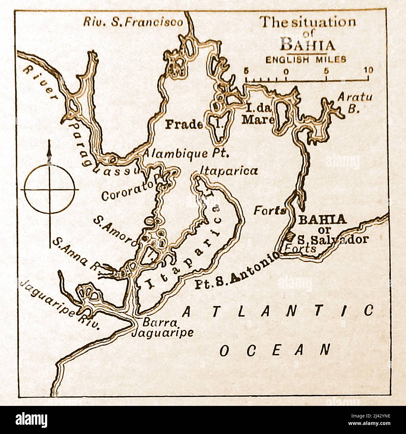 A 19th century sketch map of Bahia (Formerly Saint Salvador), Brazil.    ---  Um mapa do século 19 da Bahia (antiga São Salvador), Brasil. Stock Photo