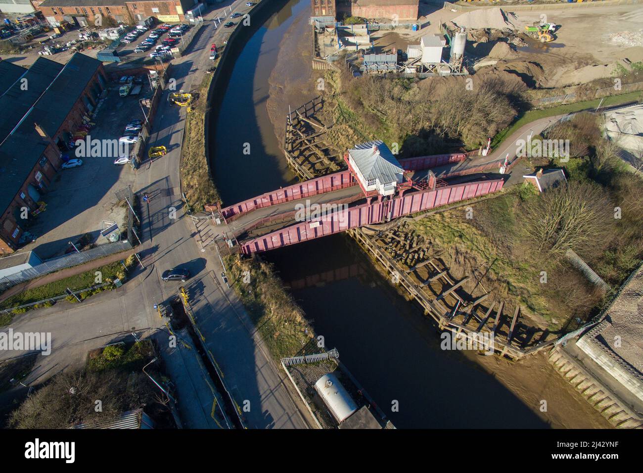 aerial view of Wilmington Swing Bridge, crosses the River Hull, forma railway bridge Wincolmlee, Kingston Upon Hull Stock Photo