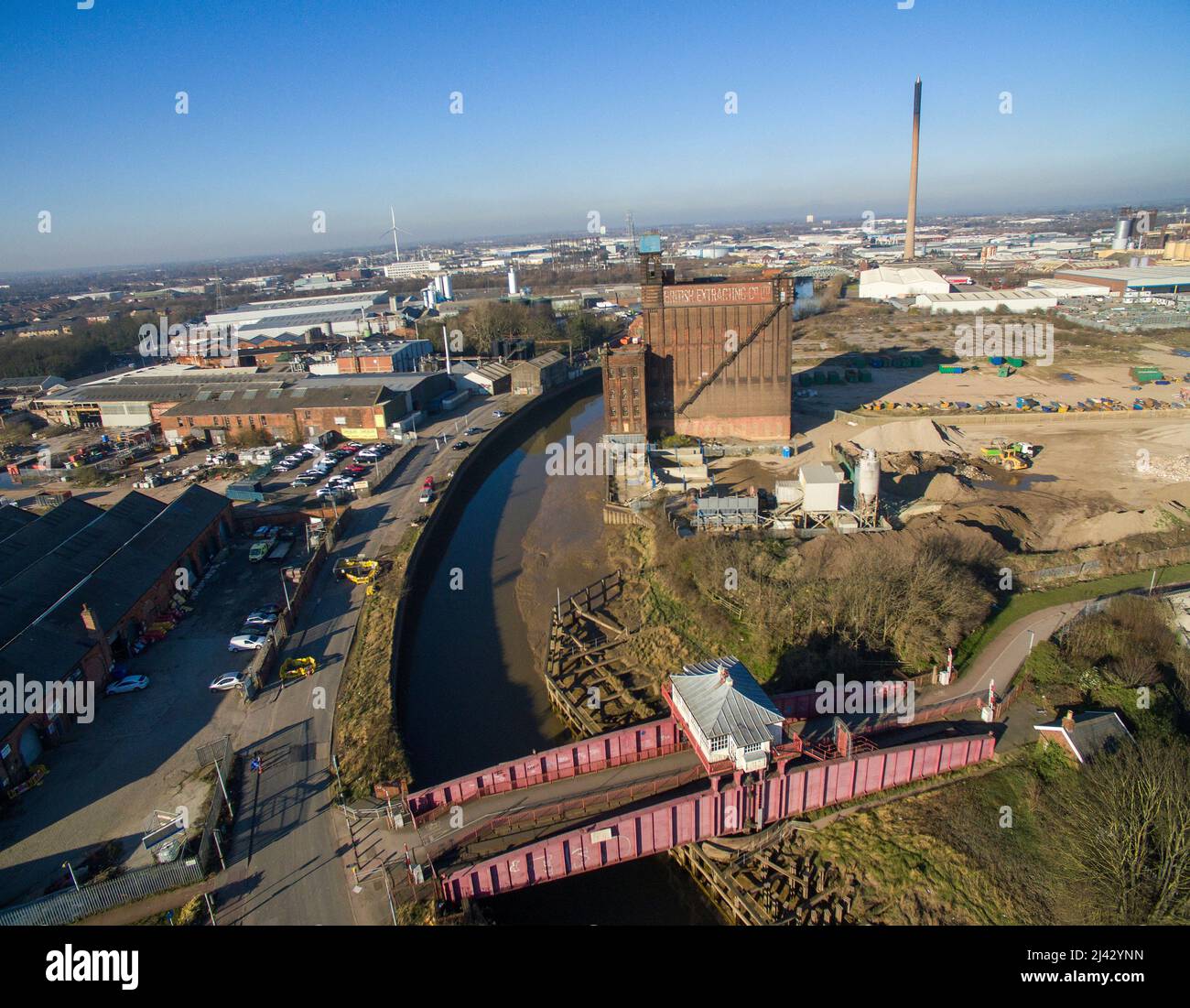 aerial view of Wilmington Swing Bridge, crosses the River Hull, forma