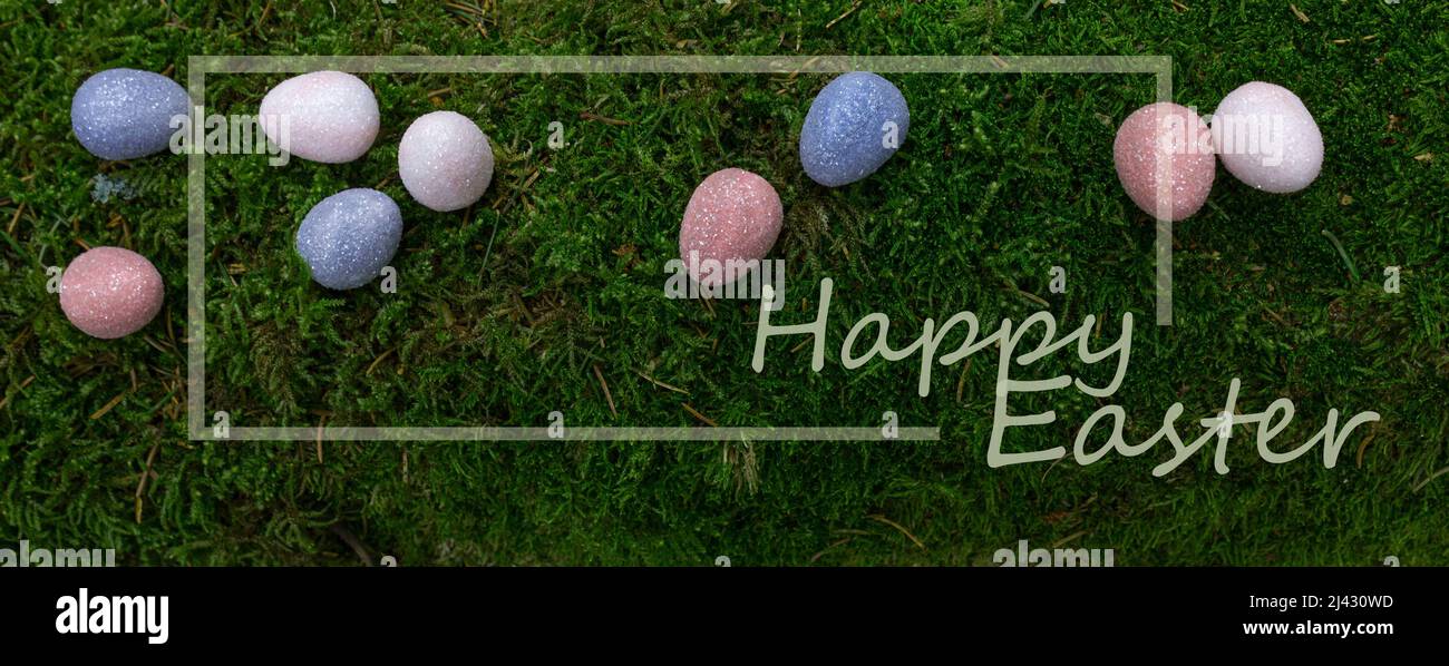 Happy Easter concept. Easter composition with colorful eggs on moss background. Celebration design. Banner. Stock Photo