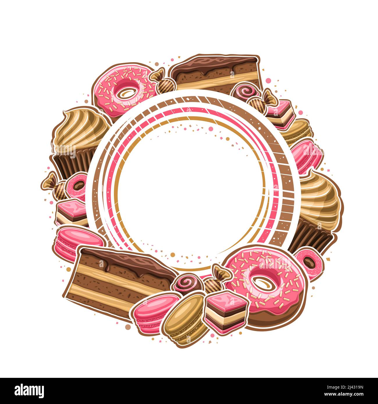 Vector frame for Patisserie with copy space, decorative sign board with illustration of various desserts, glaze cake slice, rose color frosting donut, Stock Vector