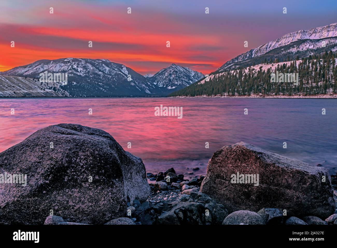 Windy winter sunrise at Wallowa Lake, Oregon Stock Photo