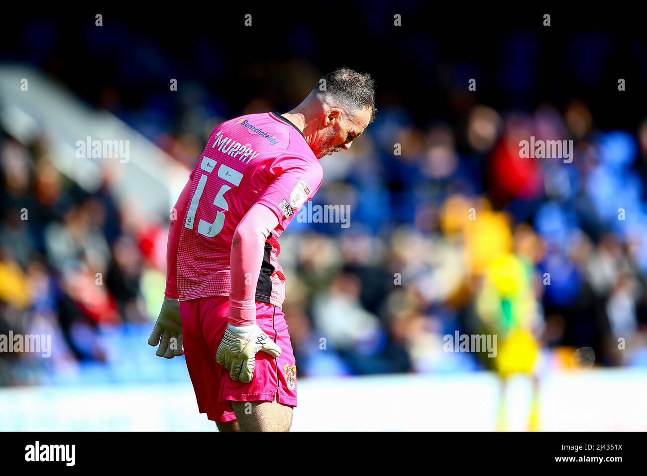 Joe Murphy Goalkeeper of Tranmere rubs the back of his leg - during the game Tranmere v Bristol Rovers Stock Photo