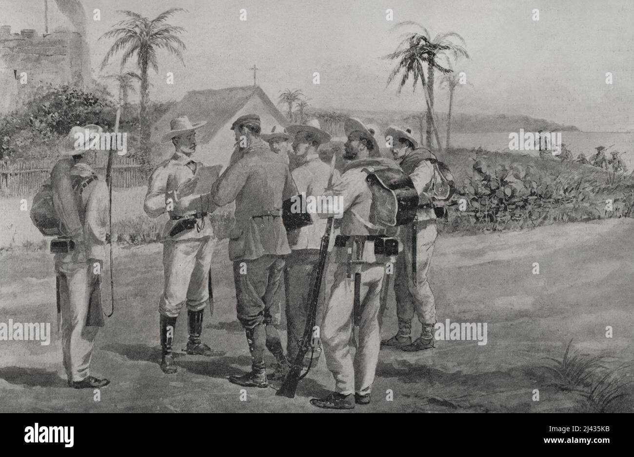 Spanish-American War. War between Spain and the United States in 1898, as a result of the US intervention in the Cuban war of Independence. Cuba. Arrest of two correspondents of the US newspaper 'World' at Salado Beach (west of Havana). Illustration by M. Alcázar. Photoengraving by Laporta. La Ilustración Española y Americana, 1898. Stock Photo