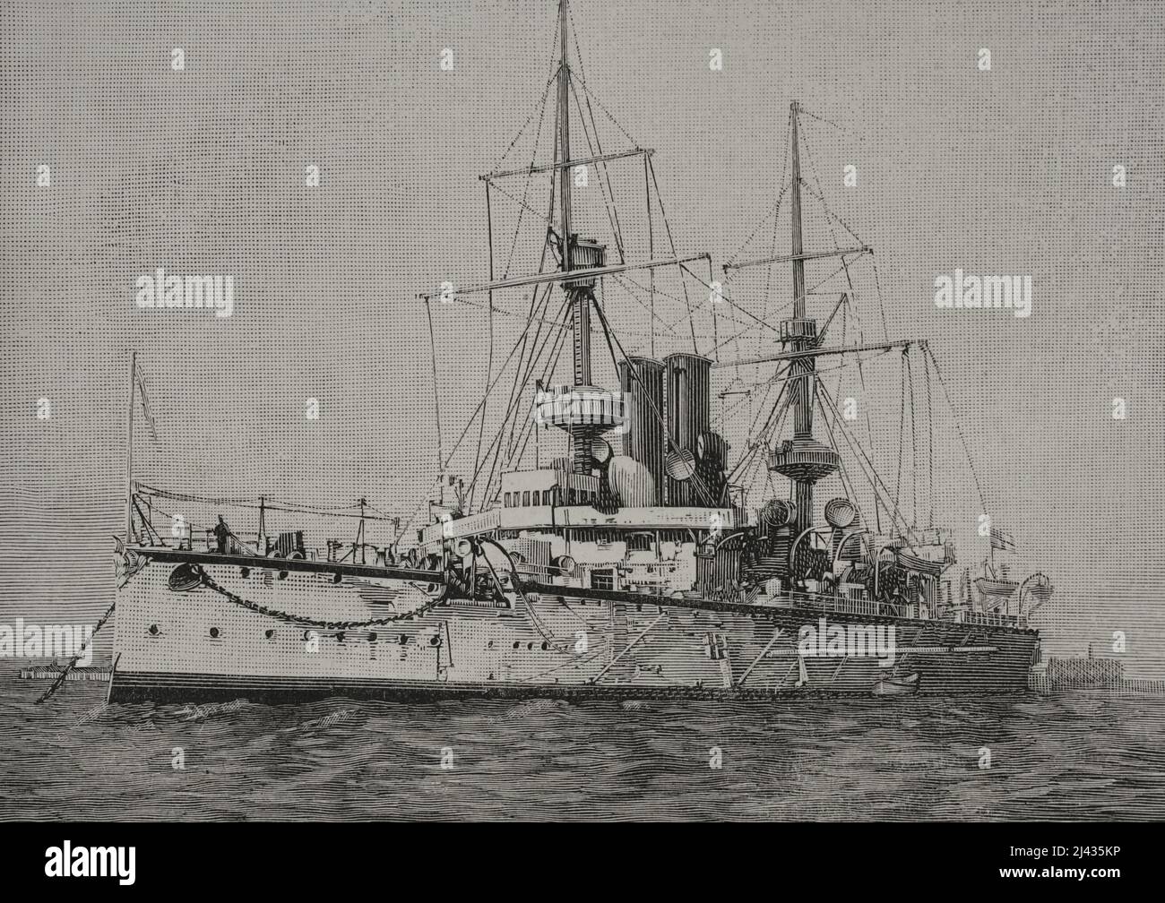 HMS Centurion (1892). Centurion-class battleship. It was built for the Royal Navy, assigned to the China Station as its flagship. Engraving by Sampietro. La Ilustración Española y Americana, 1898. Stock Photo