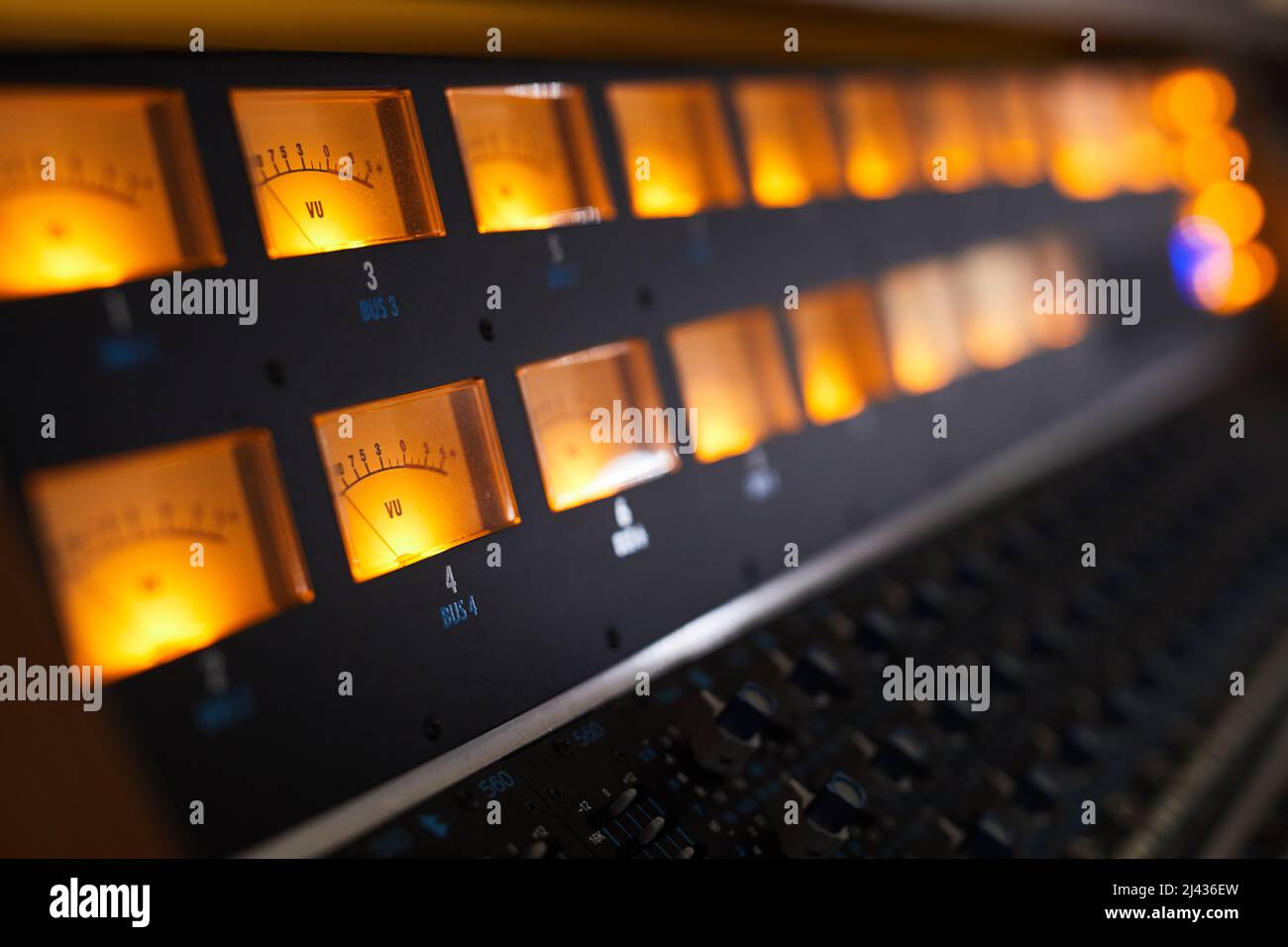 Close up of audio workstation and sound equipment in professional