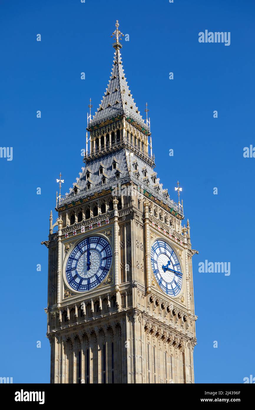 London, U.K. - 19 Mar 2022: The north-facing clock face of the Elizabeth Tower awaits correct time adjustment following completion of a five-year restoration of the famous landmark. Stock Photo