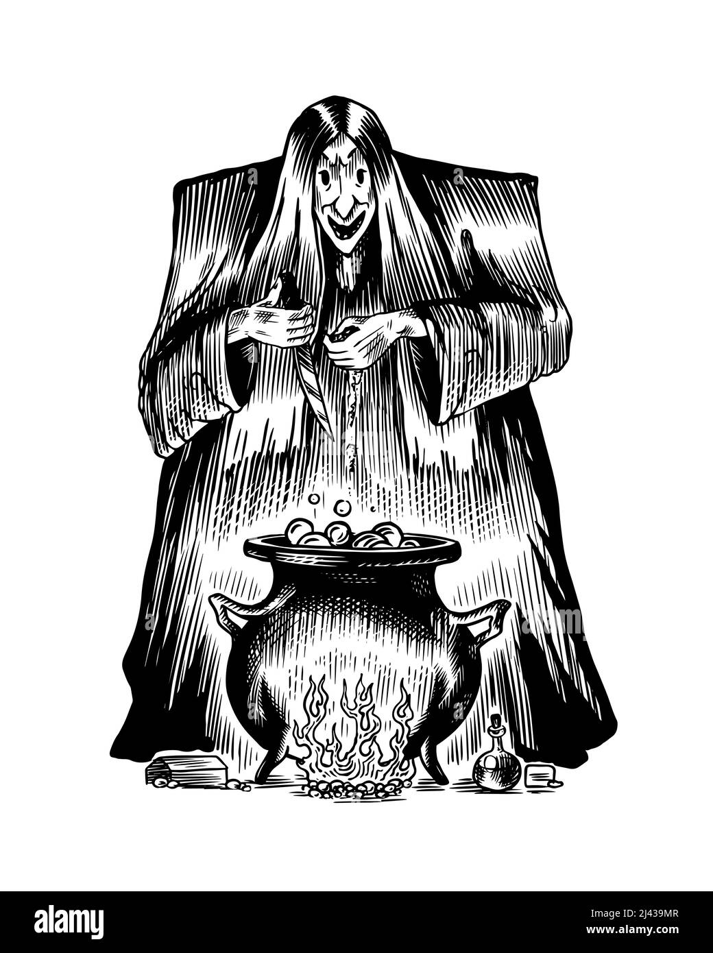 The old witch conjures and brews a potion in a cauldron. Ancient mythical Magic character. Engraved monochrome sketch. Hand drawn vintage Fortune Stock Vector