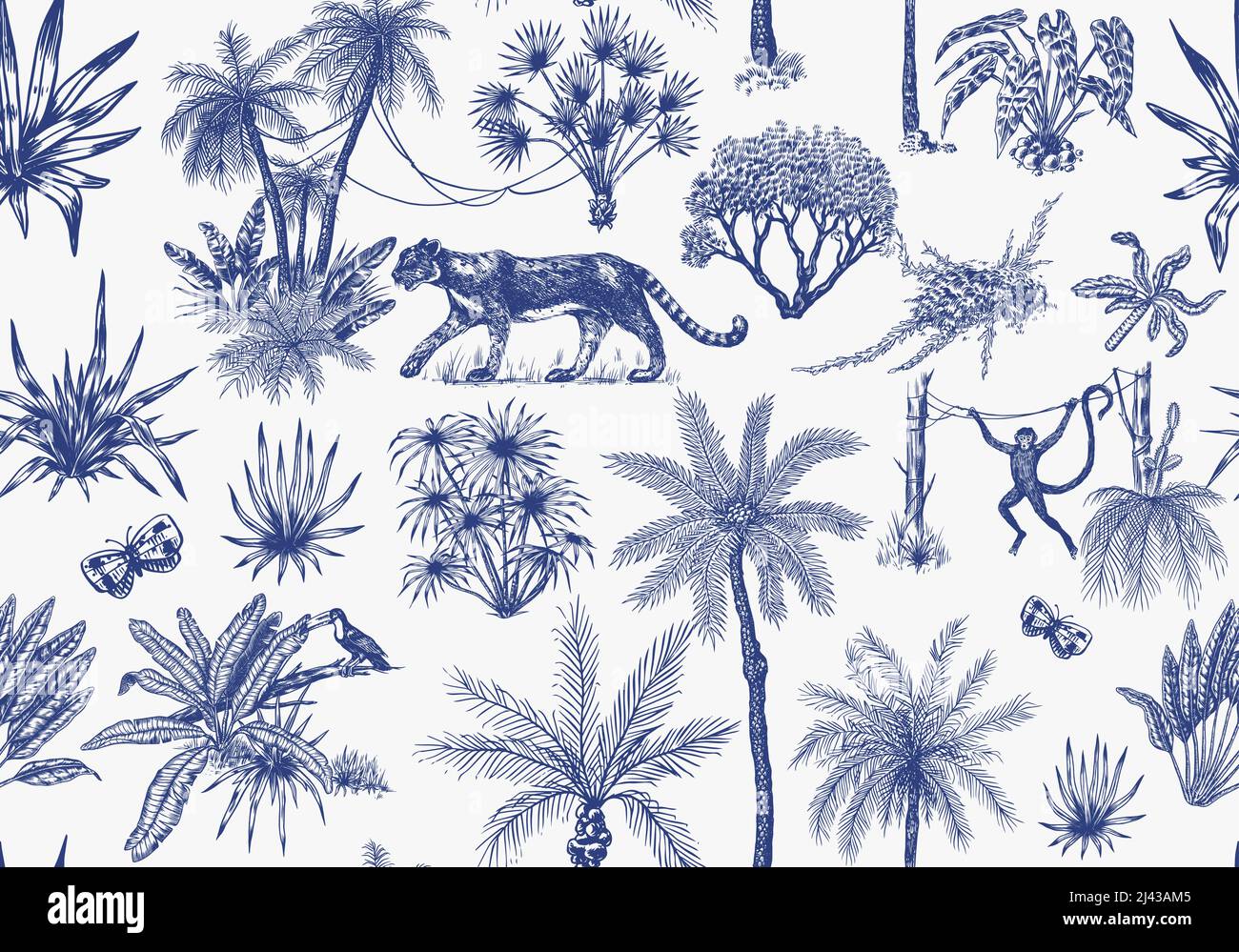 Toile De Jouy banner. Wild tiger and exotic plants. Seamless pattern. Toucan bird and monkey. Exotic Tropical trees. Eastern landscape. Linear Jungle Stock Vector