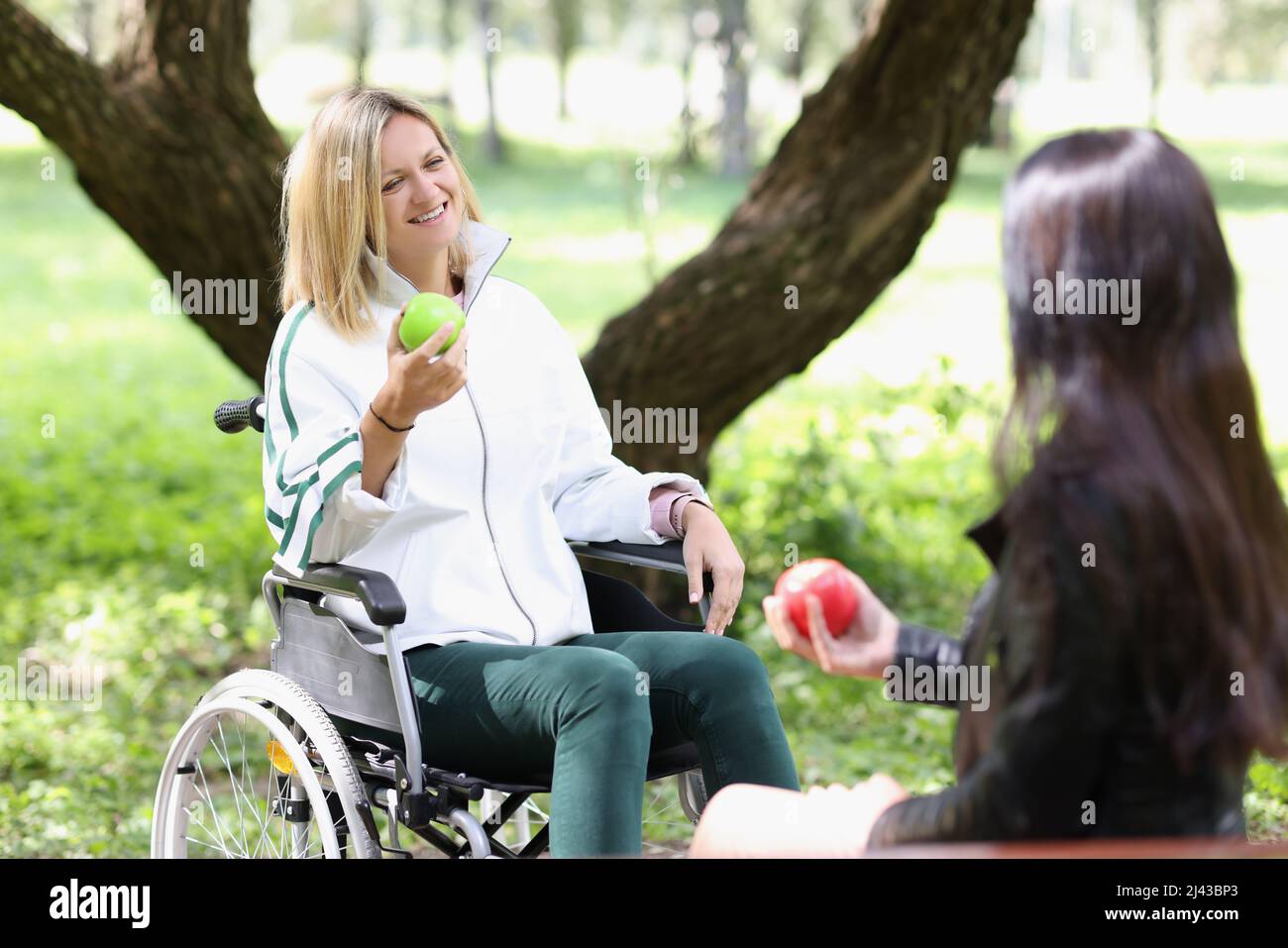 Woman chatting with friend in a wheelchair in park Stock Photo - Alamy