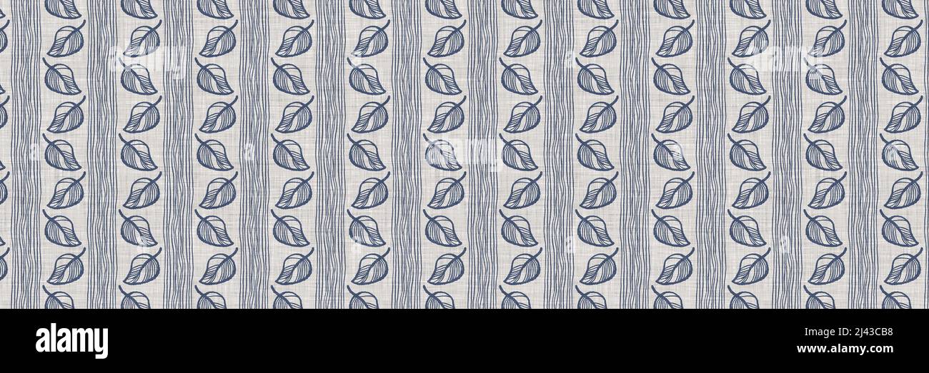French blue botanical leaf linen seamless border with 2 tone country ...