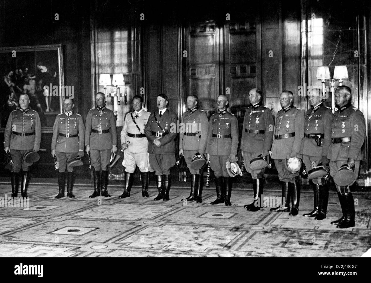 1940 Field Marshal Ceremony, the generals Fedor von Bock, Wilhelm Ritter von Leeb, Gerd von Rundstedt, Wilhelm Keitel, Walther von Brauchitsch, Günther von Kluge, Erwin von Witzleben, Walter von Reichenau, Wilhelm List, Albert Kesselring, Erhard Milch, Hugo Sperrle were promoted to Field marshals. Hermann Göring was promoted to the specially created rank of Reichsmarschall, July 1940 Stock Photo