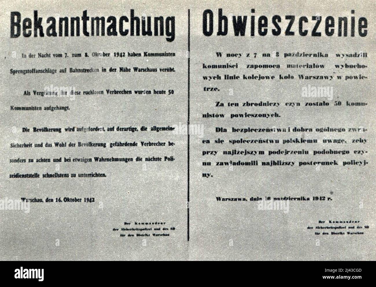 German announcement in occupied Poland (dated 16th October 1942), signed by Commandant of SD and Sicherheitspolizei in Warsaw – SS-Obersturmbannführer Ludwig Hahn, informing about the hanging of 50 'communists' as a reprisal for blowing up railway lines near Warsaw by the Polish resistance movement, October 1942 Stock Photo