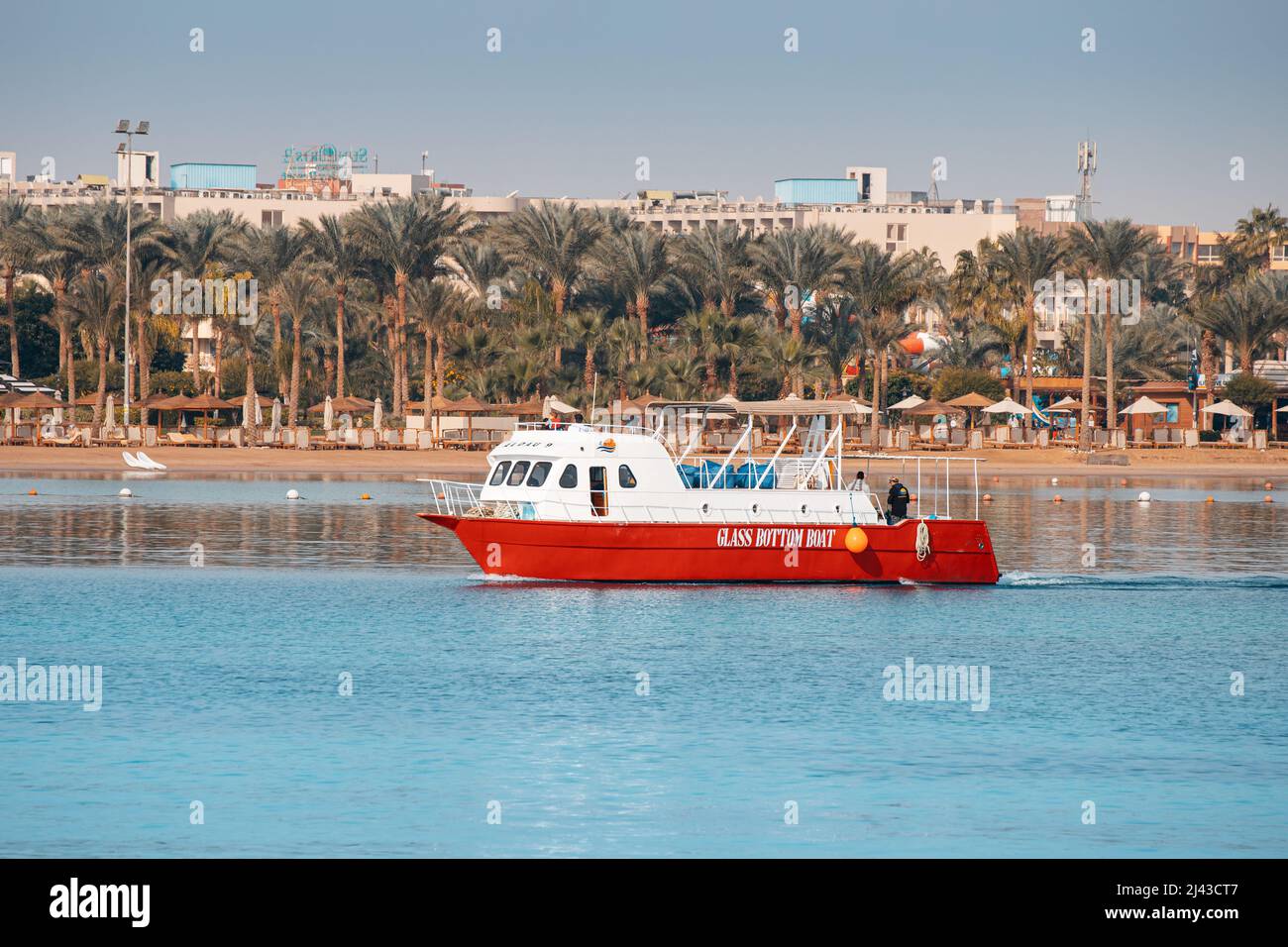 08 January 2022, Hurghada, Egypt Glass bottom cruise touristic boat