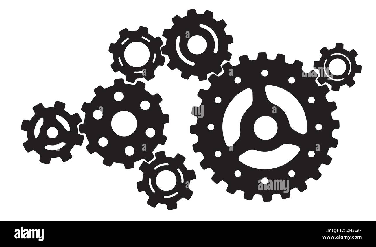 Mechanism of  black spinning gears on white background. Stock Vector