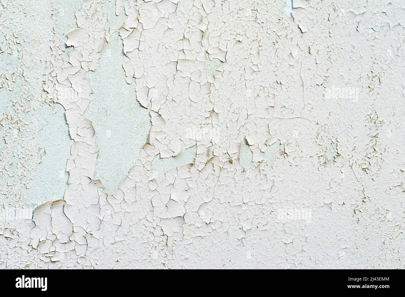 Old light shabby painted concrete wall with stains, ruined plaster