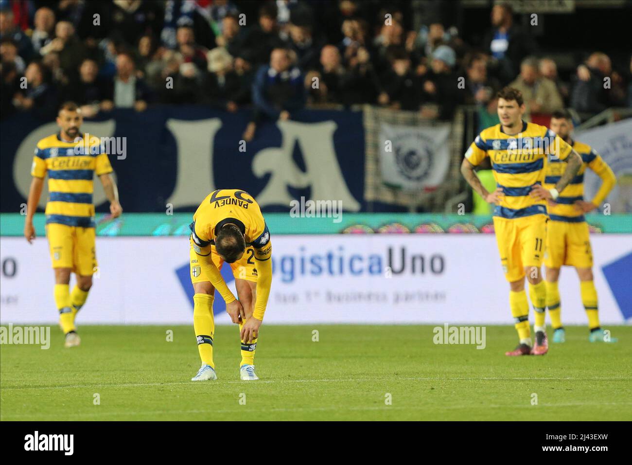 Brescia, Italy. 11th Apr, 2022. Players of PARMA CALCIO react during the Serie B match between Brescia Calcio and Parma Calcio at Stadio Mario Rigamonti on April 11, 2022 in Brescia, Italy. Credit: Independent Photo Agency/Alamy Live News Stock Photo